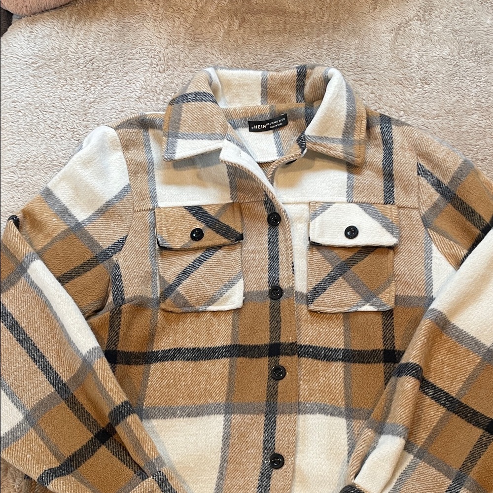SHEIN Tan and Black Plaid Utility Jacket